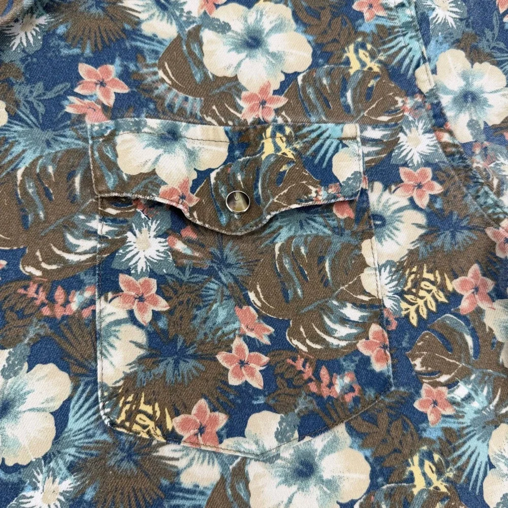 Wrangler Mens Blue Tropical Hibiscus Floral Short Sleeve Snap Pocket Shirt L